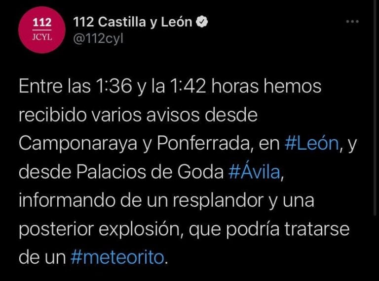 El 112 recibe varios avisos del posible avistamiento de un meteorito en Ávila y León
