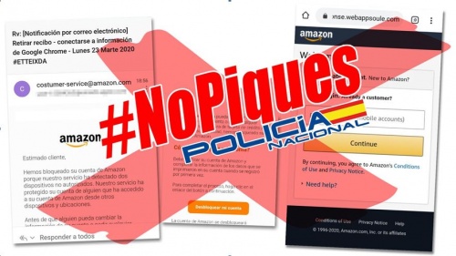La Policía Nacional alerta de una tentativa viral de fraude a trav?s de phishing utilizando el logotipo de Amazon