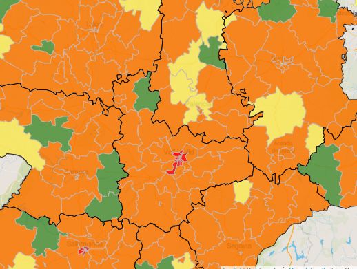 El mapa de la provincia de Valladolid se ti?e de naranja y rojo ante el aumento de casos por COVID-19