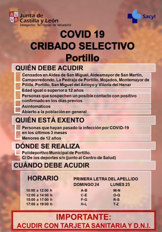 La Junta realizar? un cribado en la zona b?sica de salud de Portillo el domingo y el lunes