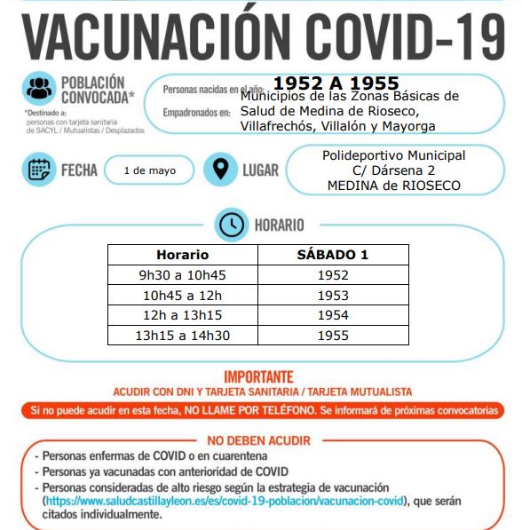 Citados para ponerse la vacuna frente a la Covid los nacidos de 1952 a 1955 de Medina de Rioseco y Tudela de Duero
