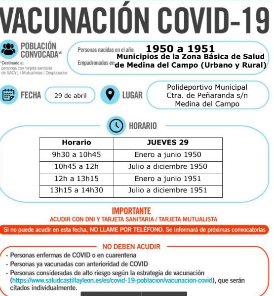 Medina del Campo avanza en la vacunación frente a la Covid citando a las personas nacidas de 1950 y 1951