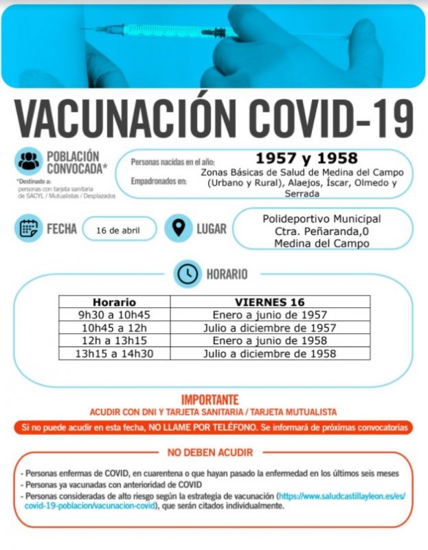 Nueva jornada de vacunación este viernes en Medina del Campo a los nacidos en 1957 y 1958