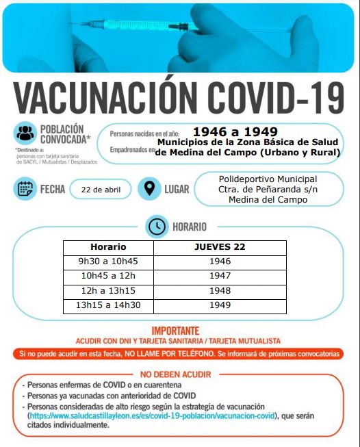 Medina del Campo extiende su vacunación a los nacidos de 1946 a 1949