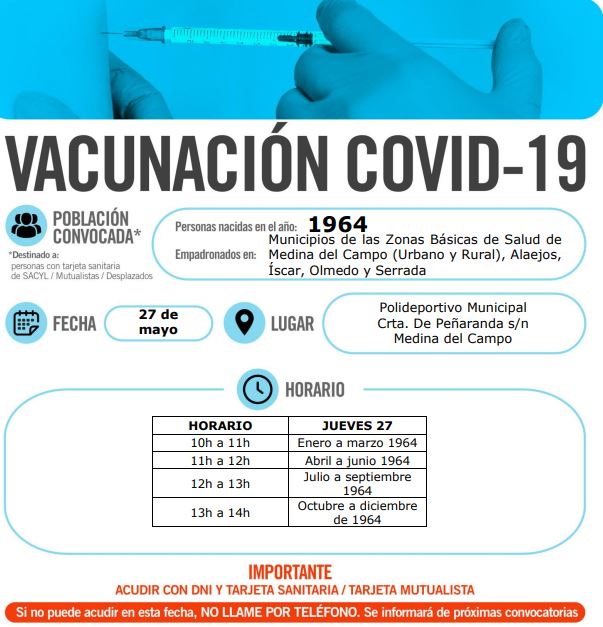 Medina del Campo: Sacyl cita a vacunación a las personas nacidas en 1964