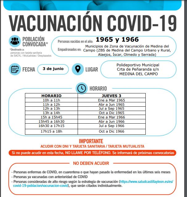 Medina del Campo vacunará el jueves a los nacidos en 1965 y 1966
