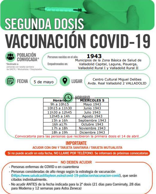 Valladolid cita para segunda dosis a los nacidos de mayo a diciembre de 1943