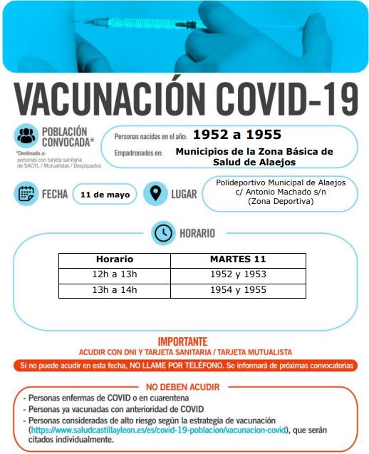 Programadas vacunaciones frente a la Covid para el martes en la ZBS de Alaejos