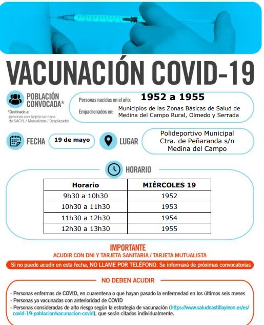 Medina del Campo acogerá el miércoles la vacunación para las personas nacidas en 1952, 1953, 1954 y 1955