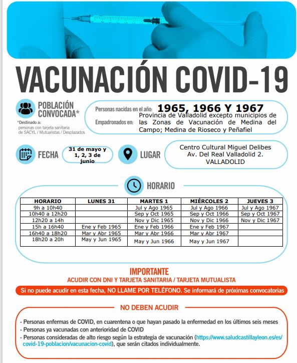 Valladolid vacunará a los nacidos en 1965, 1966 y 1967 a partir del lunes