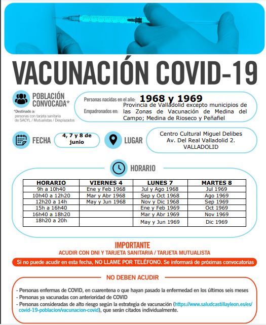 Valladolid acogerá la vacunación de los nacidos en 1968 y 1969 a partir del viernes
