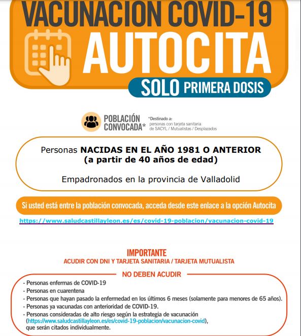 Valladolid abre la auto cita y vacunará a partir del jueves a los nacidos entre 2005 y 2008