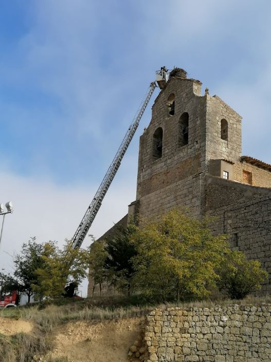 Los bomberos retiran un nido de cigüeña de la iglesia de Palacio de Campos