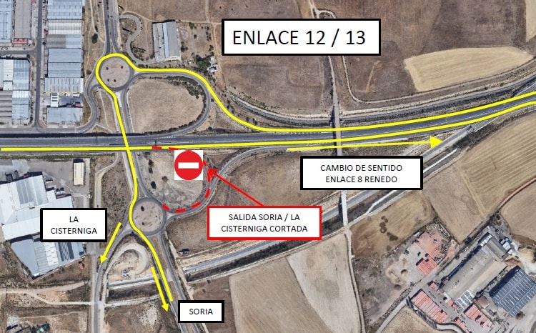 Corte permanente del ramal de salida del enlace en el km 13 de la VA-30 sentido Burgos (salidas Soria / La Cistérniga / Valladolid centro).