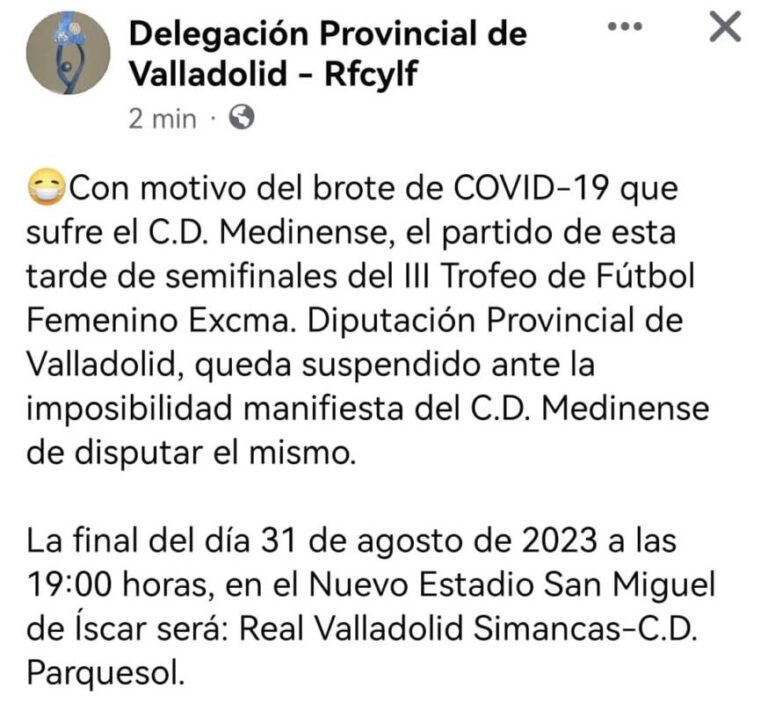 El CD Medinense suspende su partido del Trofeo Diputación Femenino a causa de un brote de COVID19