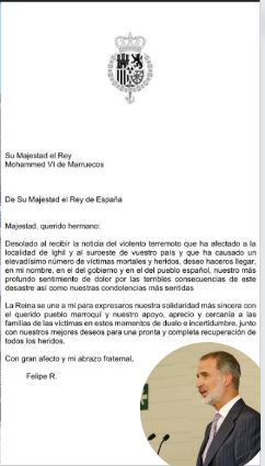El Rey Felipe VI expresa sus condolencias por el devastador terremoto en Marruecos