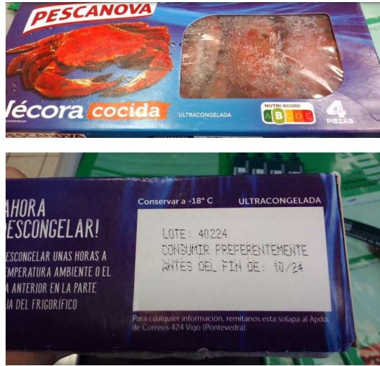 Alerta por presencia de Salmonella en nécoras cocidas congeladas