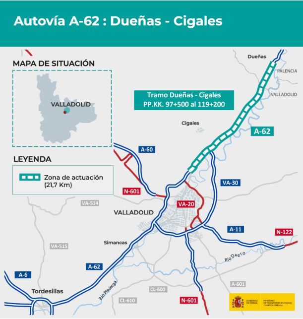 Mitma aprueba proyecto de ampliación en Autovía A-62 entre Dueñas y Cigales con inversión de 131,8 millones de euros