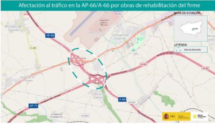 Afectación al tráfico en la AP-66 y A-66 por obras de rehabilitación en León