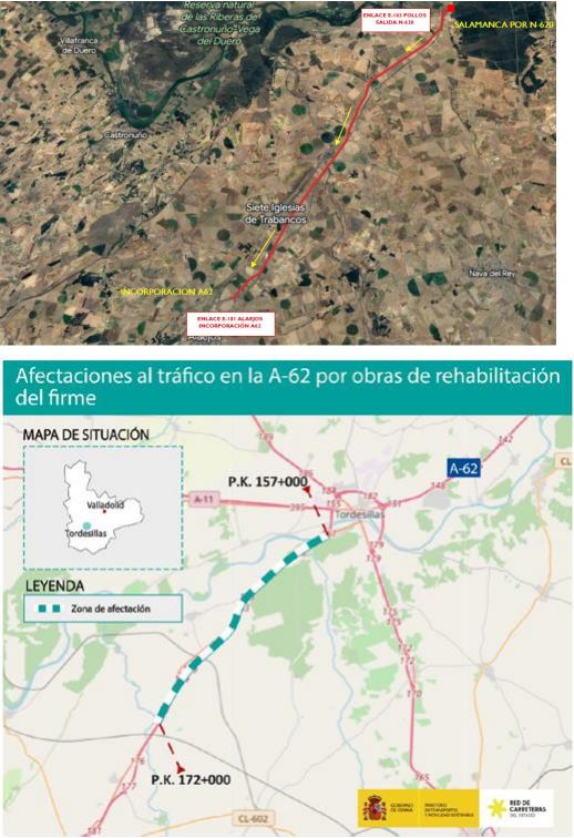 Obras en la A-62 entre Tordesillas y Siete Iglesias de Trabancos generan importantes afectaciones al tráfico