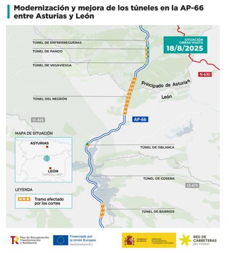 Cortes y desvíos en la AP-66 por las obras de modernización de túneles entre Asturias y León a partir del lunes