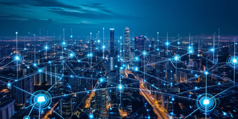 Modern city landscape showing dots and line representing high-speed internet, cloud data storage, computing, global market, g